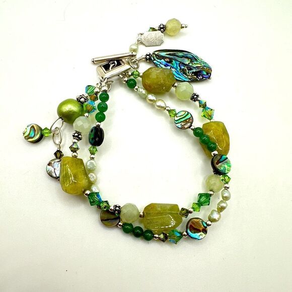 8" Tres Jolie double stranded, Pearl, Stone, abalone shell bracelet in 925! - Picture 1 of 13